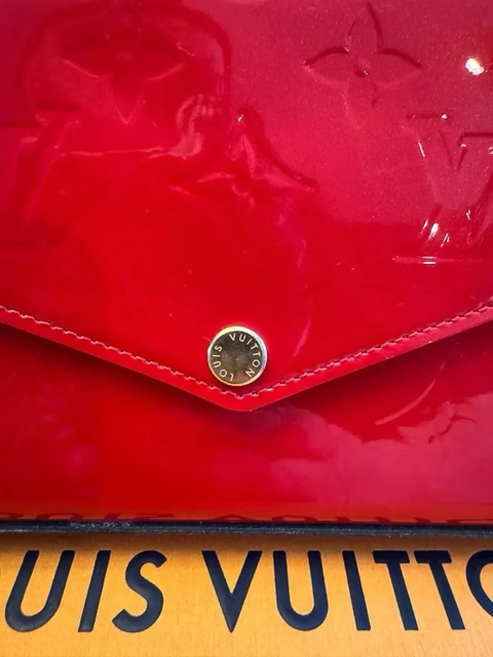 Louis Vuitton Red Vernis Envelope Crossbody with Gold Chain Authentic